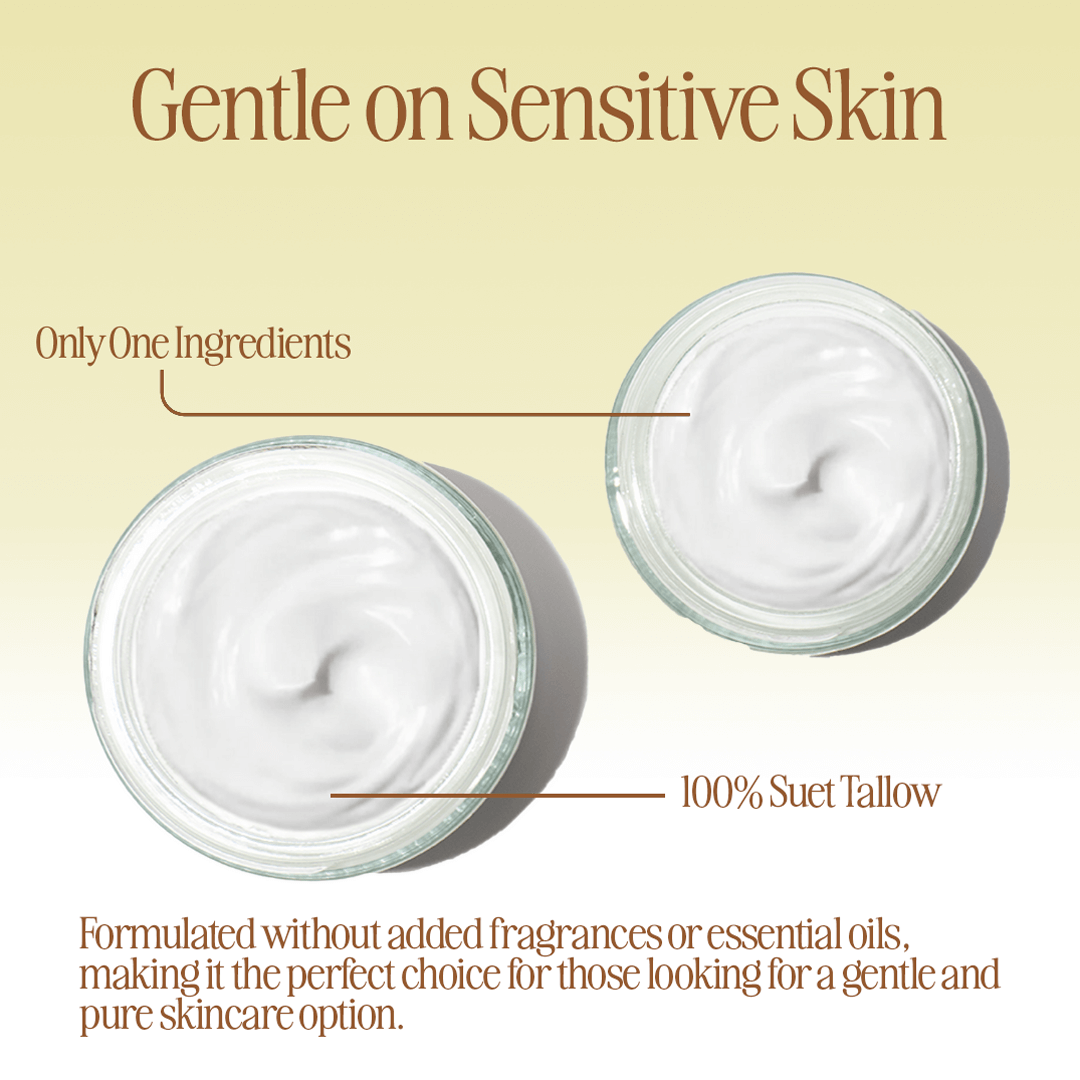 Two jars of whipped tallow moisturizer, highlighting its 100% pure suet tallow formula, gentle for sensitive skin.