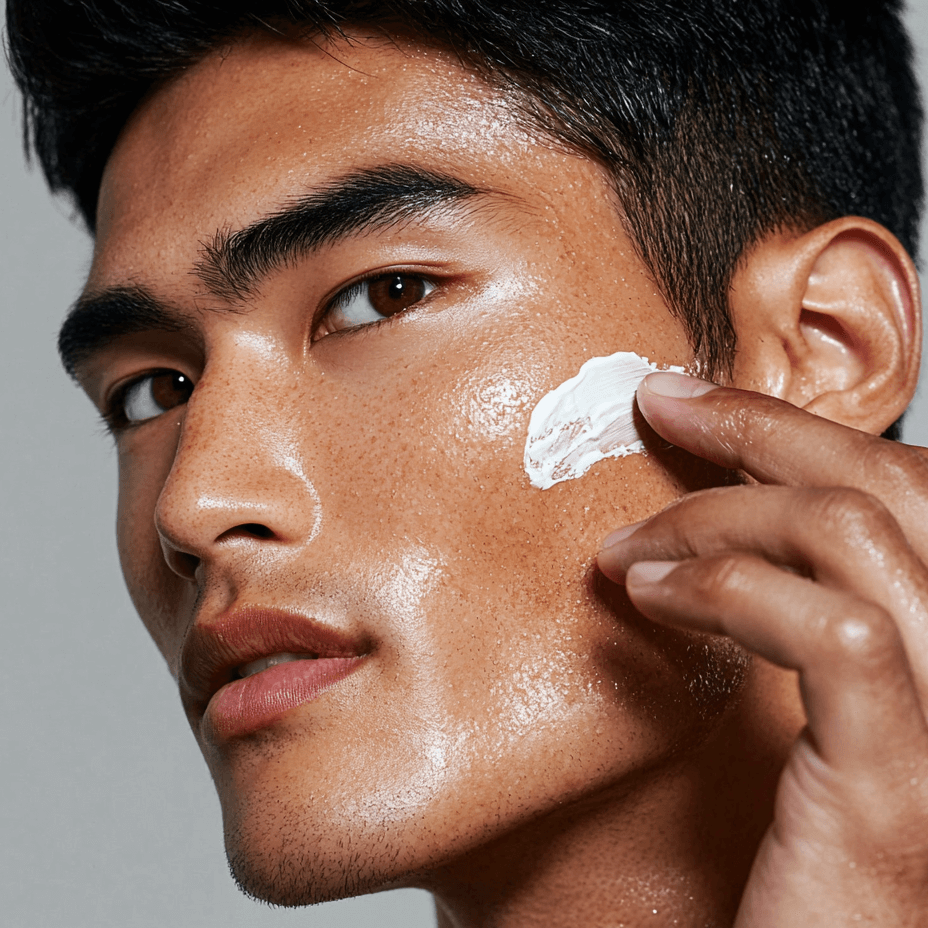Man applying whipped tallow moisturizer to his face for hydrated, healthy skin. Perfect for all skin types.