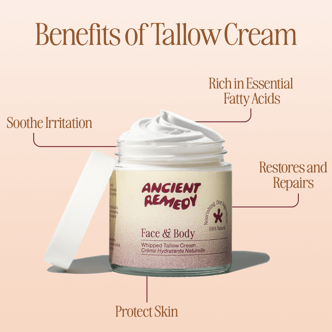 Benefits of whipped tallow moisturizer cream showing soothing, restoring, and skin protection features for optimal skin health.